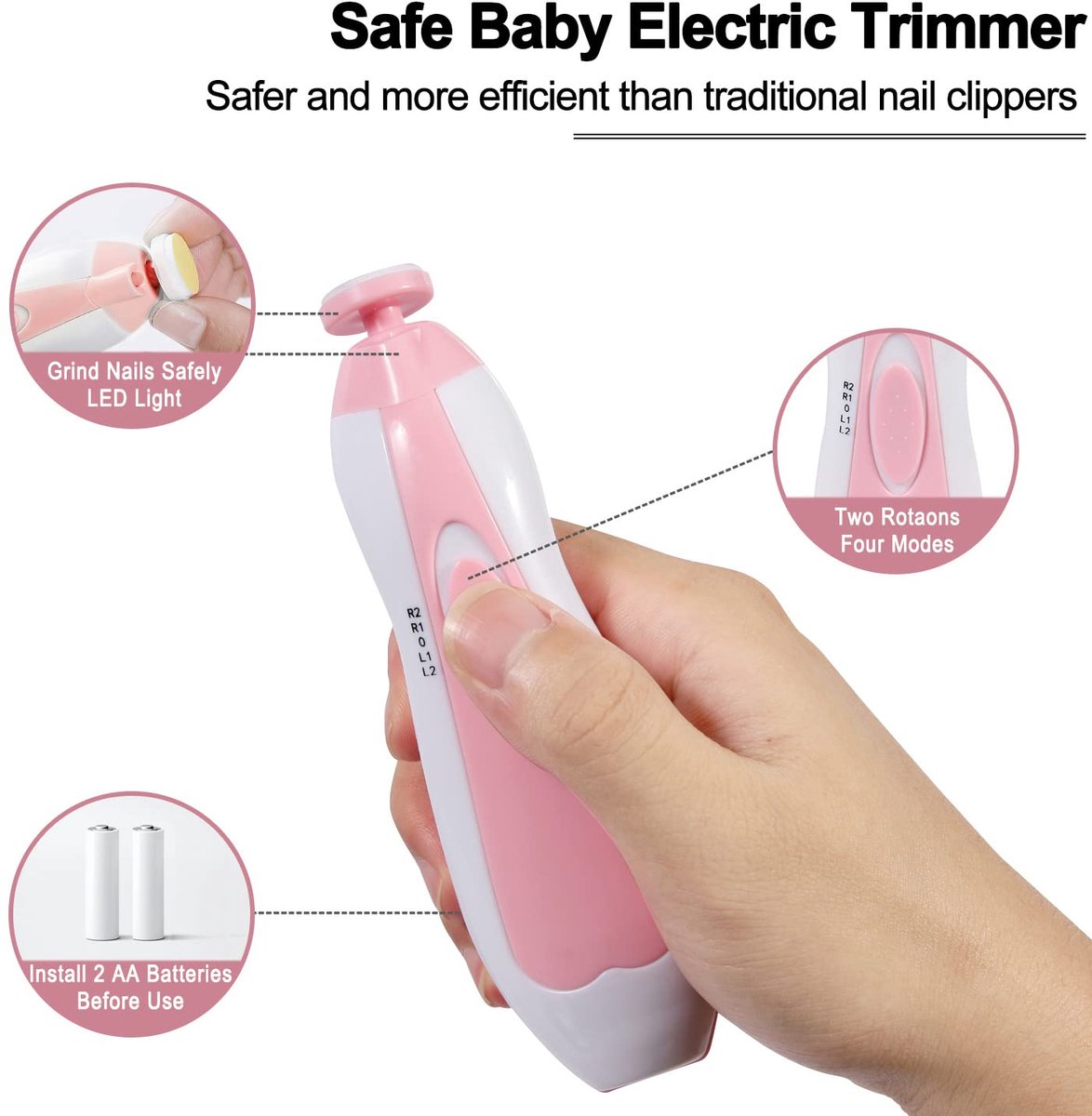 GOODEVN Baby Nail Trimmer Electric - Ultra Quiet & Safe Newborn Nail Clipper Kit with LED Light | 6 Replaceable Grinding Heads for Infant, Toddler & Adults | Painless Fingernail & Toenail Care (Pink) — cadeau in Verzorging - foto 3