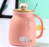 Mug imprimé chat - Mug en céramique avec couvercle en bambou et cuillère en acier inoxydable - Contenu 400 ml - Rose