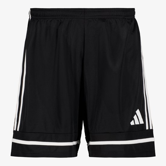 Zwarte voetbalshort voor heren met witte Adidas strepen en zoom.