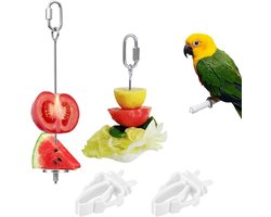 Grasparkietenhouder, 4 stuks roestvrijstalen papegaaienspiesjes feeder en plastic vogelvoer clips set, vogel behandelt fruitstokhouder clip foeragerend speelgoed voor papegaai, parkiet parkiet