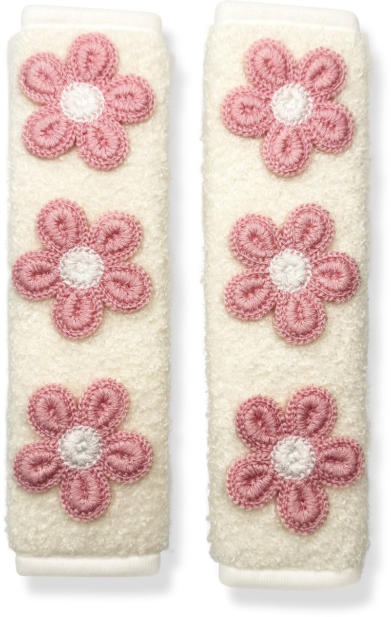 Gordelbeschermer Madeliefjes Wit & Roze - Set van 2 Gordelhoezen - Gordelkussen - Kasey Products