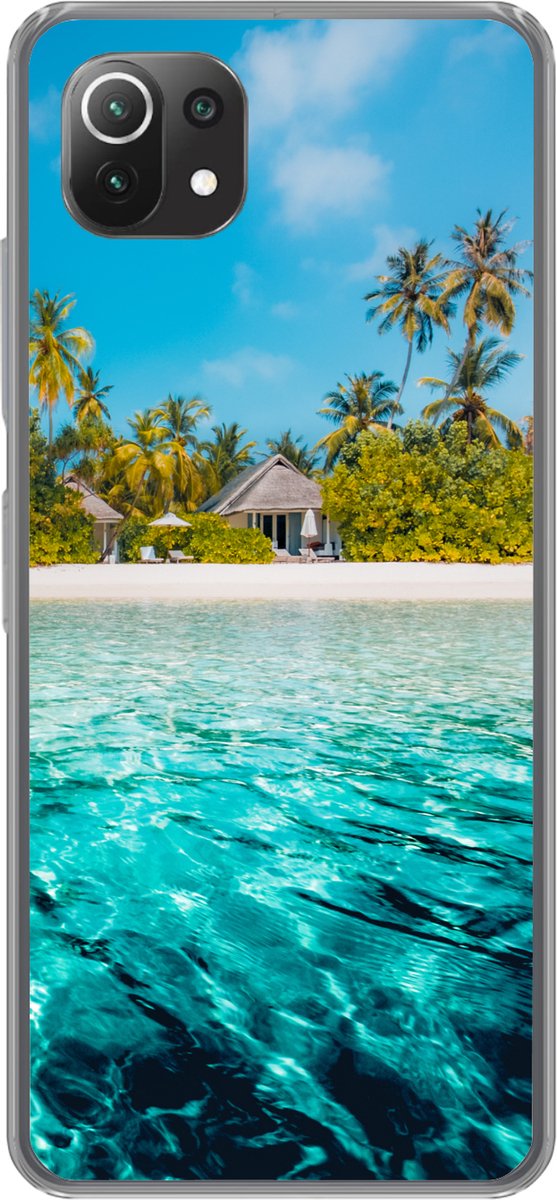 Telefoonhoesje Geschikt voor Xiaomi 11T hoesje - Strand - Palmbomen - Zee - Siliconen Telefoonhoesje Telefoonhoesje