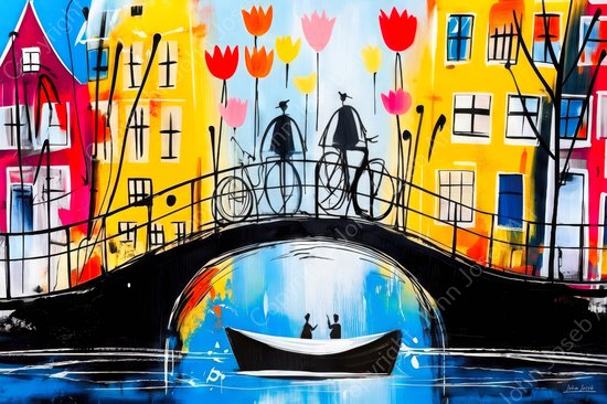 JJ-Art (Toile) 60x40 | Amsterdam, tulipes, vélo, pont, bateau dans le style d'Herman Brood, abstrait, coloré, art | maisons, fleurs, ville, Nederland, rouge, jaune, bleu, moderne | Impression sur toile Photo-Painting (décoration murale)