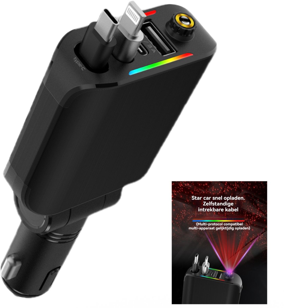 Auto-lader-120W auto-lader USB C -auto-lader USB C en bliksem-laadkabel voor iPhone-veilig compact-auto-bliksem-lader-12-24V auto-lader - sigarettenanteker-adapter - auto-accessoires - super snelle lader - atmosfeerlamp - geleverd met een 80cm-kabel