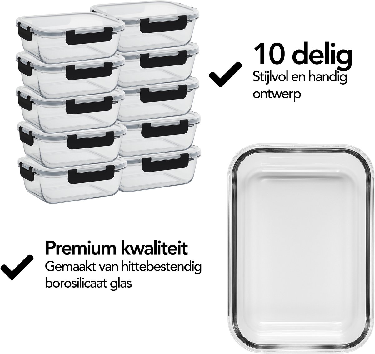 Aviro Vershoudbakjes Glas - 10 Stuks - Meal Prep Bakjes - Vriezer, Magnetron & Oven Bestendig - BPA Vrij - Luchtdicht - 1L — afbeelding 5