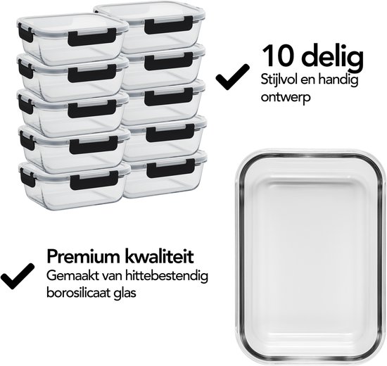 Boîtes de conservation en Glas Aviro - Lot de 10 - Contenants Prep de repas - Compatibles avec le congélateur, le micro-ondes et le four - Sans BPA - Hermétiques - 1 L