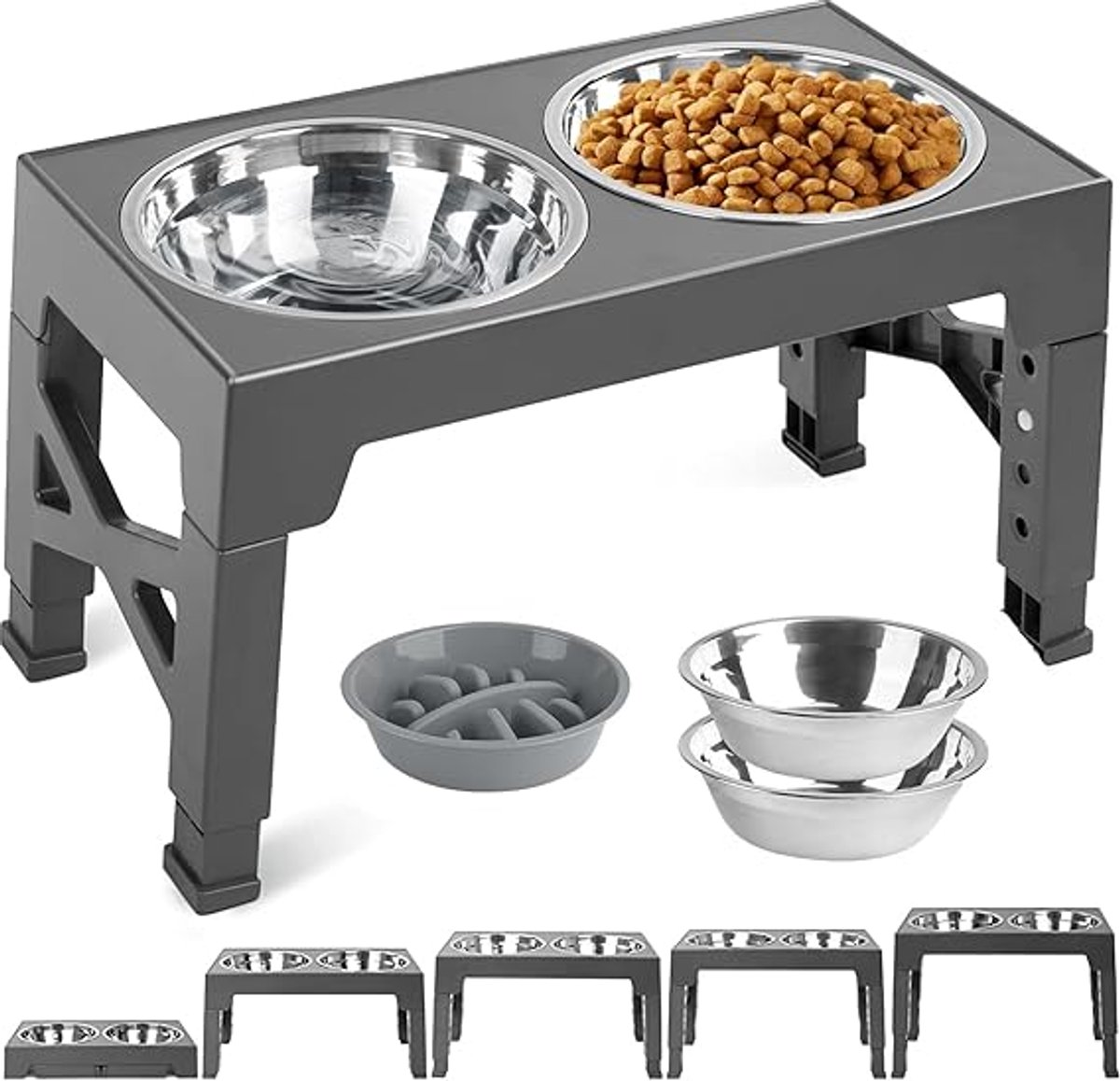 Verhoogde hondenbak, verhoogde hondenbakken voor grote honden, hondenvoerstation met 2 roestvrijstalen bakken van 1200 ml en een langzame voerbak, hondenbak voor middelgrote en grote honden,