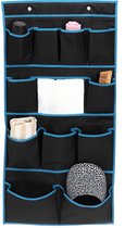 Zwarte tentorganizer met blauwe bies. 11 vakken met o.a. een spiegel, kam, fles, handdoek en muts.