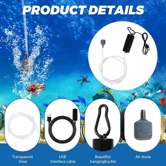 Luchtpompje Aquarium - Aquarium Zuurstof Pomp - luchtpompje - USB Mini Aquarium Luchtpomp - 1W Energiebesparende Beluchter - Draagbare Aquarium Luchtpomp - Met luchtsteen en siliconen slang - Zwart