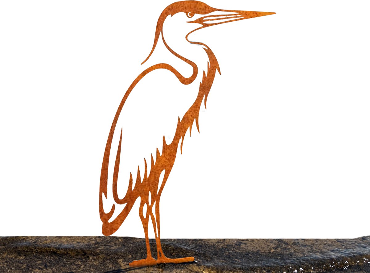 Reiger Grondprikker Tuindecoratie – Metaal Silhouet voor Grond of Gras – Cortenstaal – Cadeau voor Tuinliefhebber - Vijverdecoratie - Staalsilhouet - Steelhouet