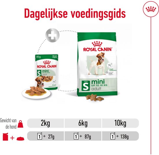 Dagelijkse voedingsgids Royal Canin voor natvoer en brokken, met aanbevolen hoeveelheden voor honden van 2kg, 6kg en 10kg.