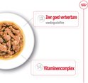 Royal Canin natvoer: stukjes vlees in saus, met uitleg over zeer goed verteerbare voedingsstoffen en vitaminencomplex.