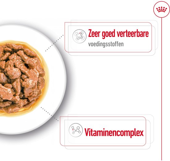 Royal Canin natvoer: stukjes vlees in saus, met uitleg over zeer goed verteerbare voedingsstoffen en vitaminencomplex.