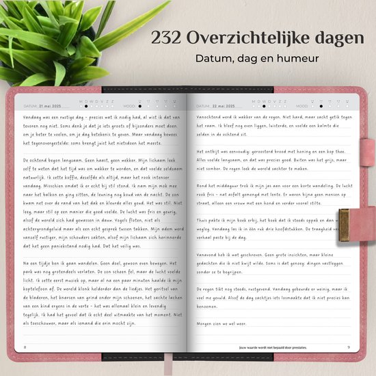 Pagina's uit een dagboek met dagelijkse inzichten over weer en stemmingen.