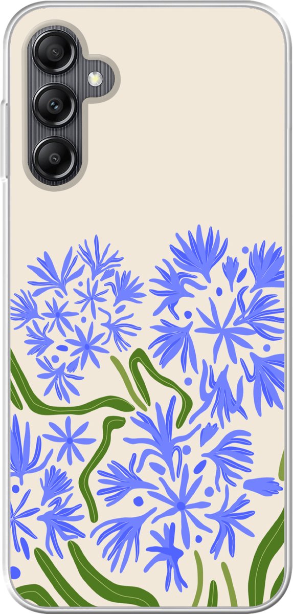 Telefoonhoesje Geschikt voor Samsung Galaxy A14 5G hoesje - Bloem - Blauw - Blad - Simpel - Siliconen Telefoonhoesje Telefoonhoesje