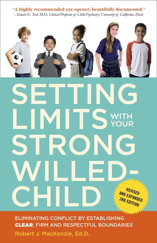Couverture de livre : SETTING LIMITS WITH YOUR STRONG-WILLED CHILD. Cinq enfants alignés. Un cercle jaune avec "REVISED AND EXPANDED 2ND EDITION".