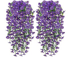 Kunstmatige hangbloemen voor buiten, zomerdecoratie, 2 stuks upgrade UV-bestendige kunstzijden hangplanten voor buiten, tuin, veranda, raam, woondecoratie