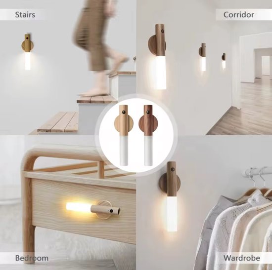 Oplaadbare Sensorlamp - LED Nachtlamp - Houtlook - Bewegingssensor - Warm Wit Licht - Wand & Staand - USB - White Ash van JOYQLER — afbeelding 3
