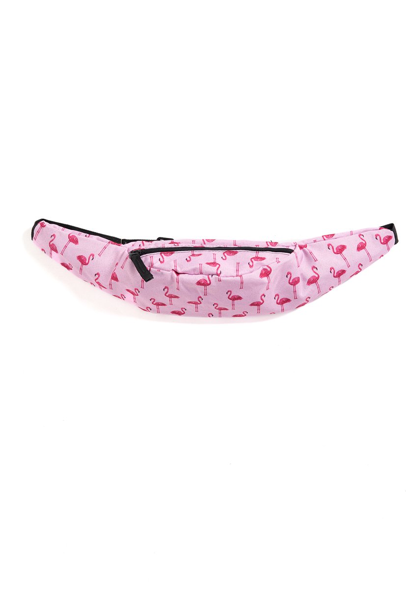 KIMU® Heuptas Flamingo Roze - Fanny Pack Met Voorvak - Zwarte Band - Tasje Heuptasje Tropisch Vogels Jungle Vleugels Festival