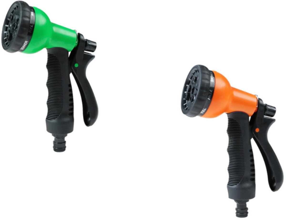 Spuitpistool - Tuinslangsproeier - 8 sproeivormen - Bloemen water geven, Auto wassen, Schoonmaken, Huisdieren wassen en Buitenentertainment, 2 stuks (Oranje, Groen)