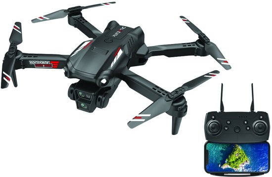 Zwarte opvouwbare drone met rode accenten, camera, afstandsbediening en smartphone met een eiland.