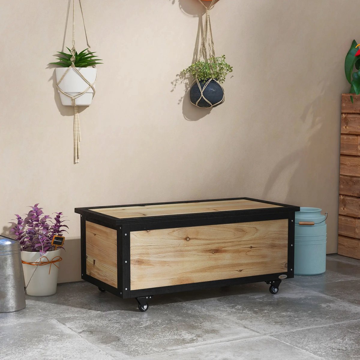 Pugsdrly Tuinopbergbox, 121 liter, 2 wielen, weerbestendig, metalen scharnieren, natuurlijk hout, 100x50x43 cm