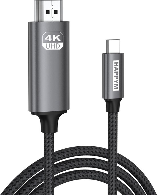 Een "HAPPYM" HDMI naar USB-C kabel met 4K UHD logo. Zwart gevlochten kabel met grijze connectoren. Geïsoleerd op witte achtergrond.