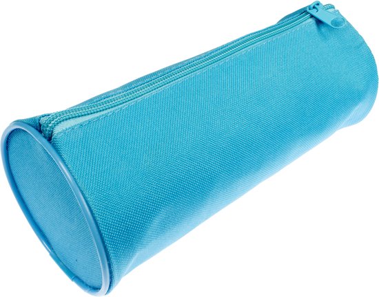 Rond, turquoise etui met rits en verstevigde randen.