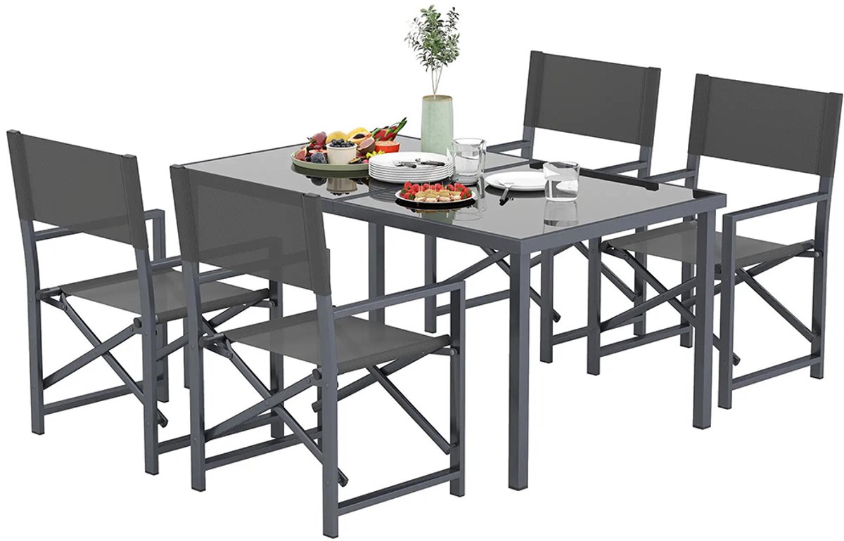 Sweiko Tuin Dining loungeset - 5-delig - Staal - 4 opvouwbare stoelen - Glazen tafelblad - Grijs