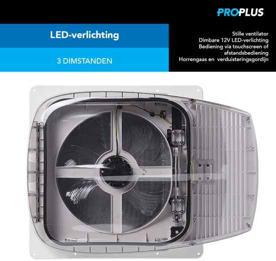 ProPlus Dakluik DeLuxe - 40 x 40 cm - 12 Volt - LED-verlichting - Touchscreen, Afstandsbediening & Stille Ventilator - Insectenhor - Dakraam Caravan - Transparant van ProPlus — afbeelding 3