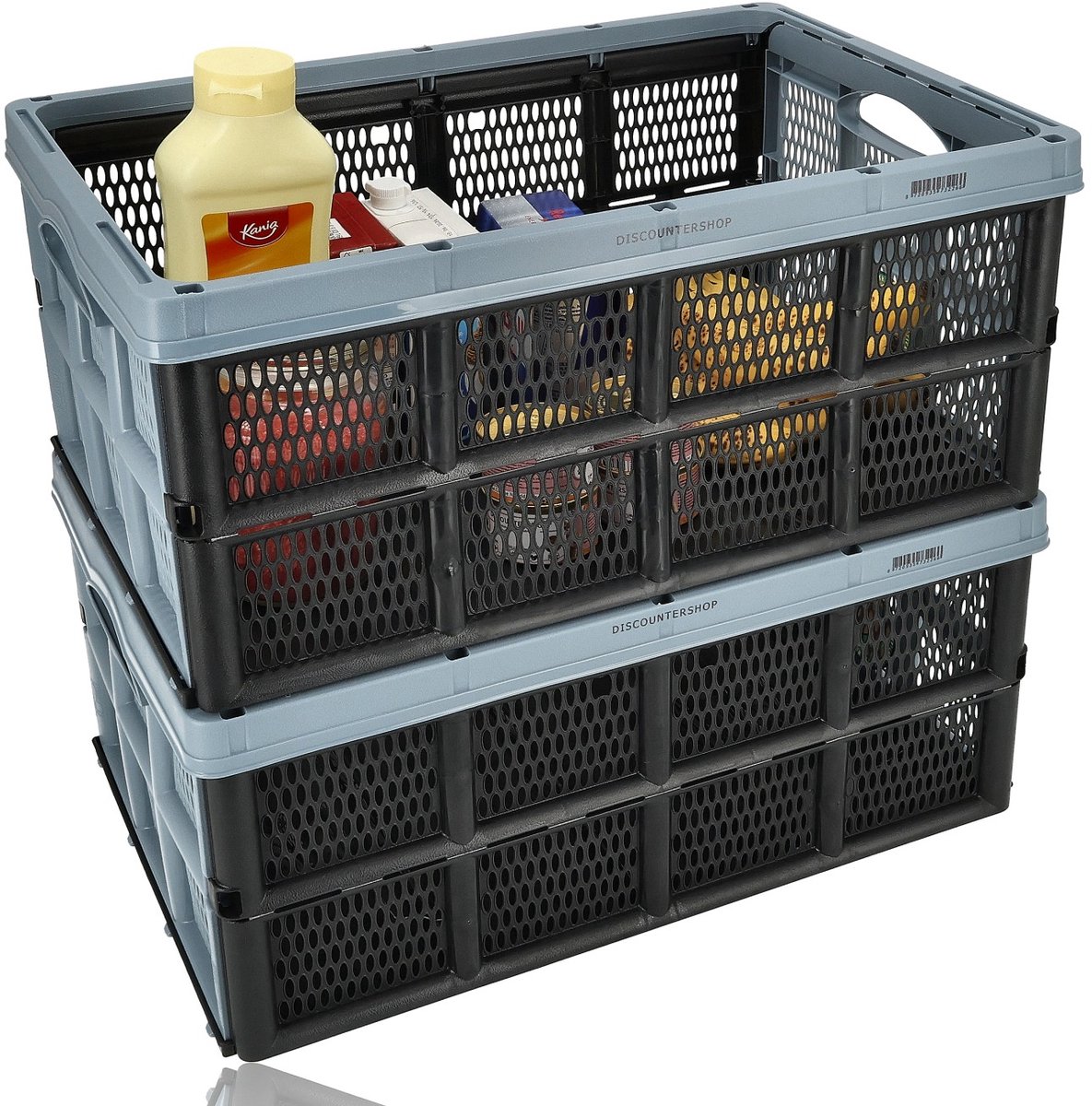 Vouwkrat Opvouwbaar 32L – Set van 2 Zwart Blauw – Boodschappenkist, Opbergkrat, Verhuiskrat, Statiegeldflessen, Auto, Garage – 50x33x21 cm