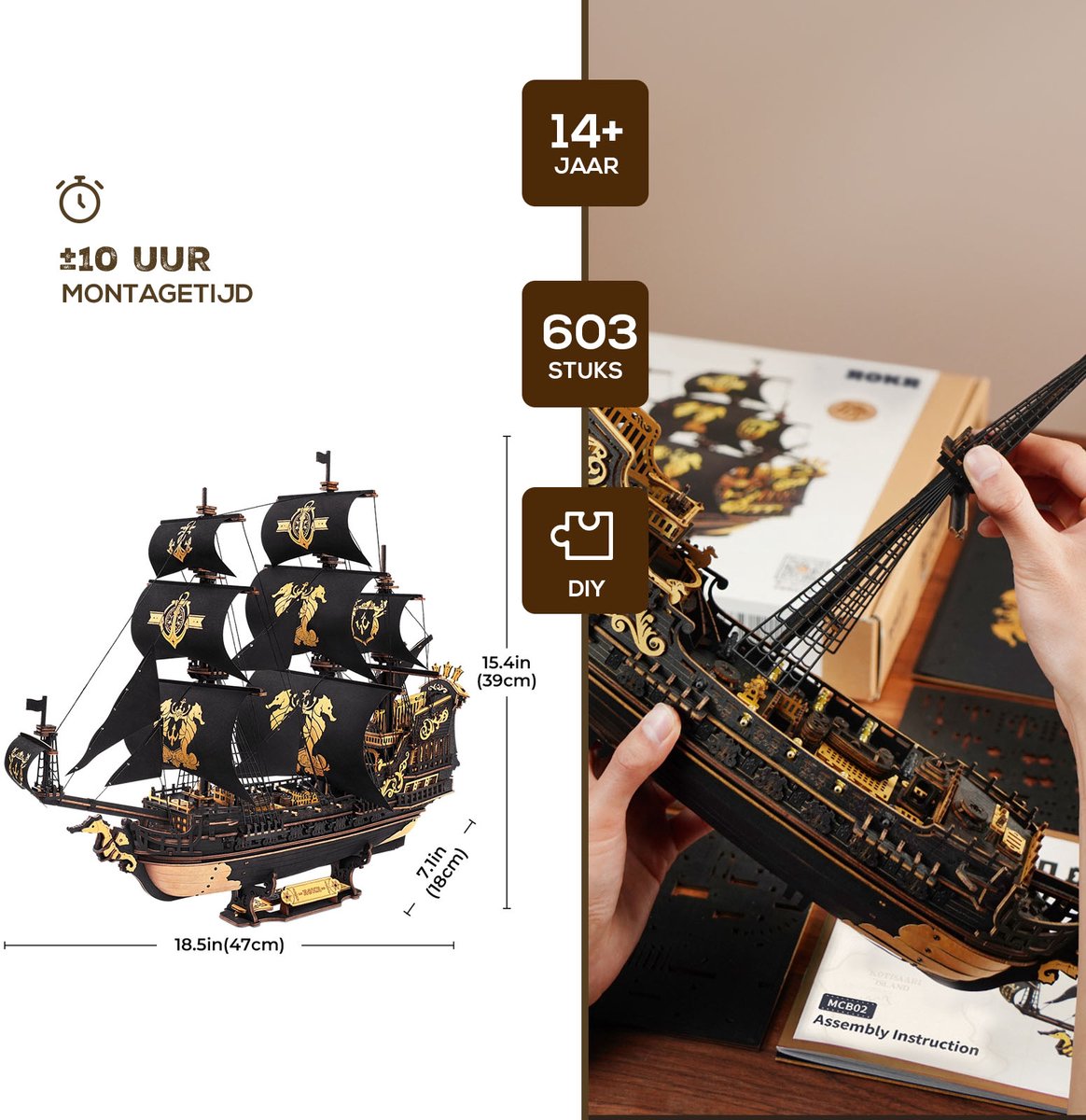 Robotime The Seahorse Barque - ROKR Scale Model Vehicles Series - MCB02 - Piratenboot - Schip - Bouwpakket - Modelbouw — afbeelding 6