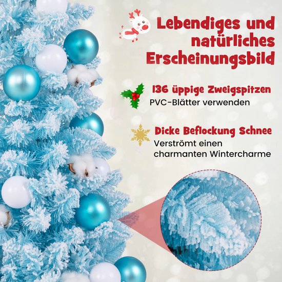 COSTWAY Mini-kunstkerstboom, 90 cm, kleine dennenboom met sneeuw en cementbasis, kerstboom met 136 takpunten, 12 wattenballen en 24 ballen, kunstboom, decoratieve boom voor thuis en op kantoor, blauw