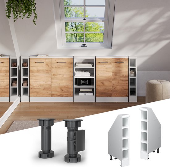 Witte kasten met houtlook deuren en open vakken in een kamer, met extra witte smalle kasten en grijze poten.