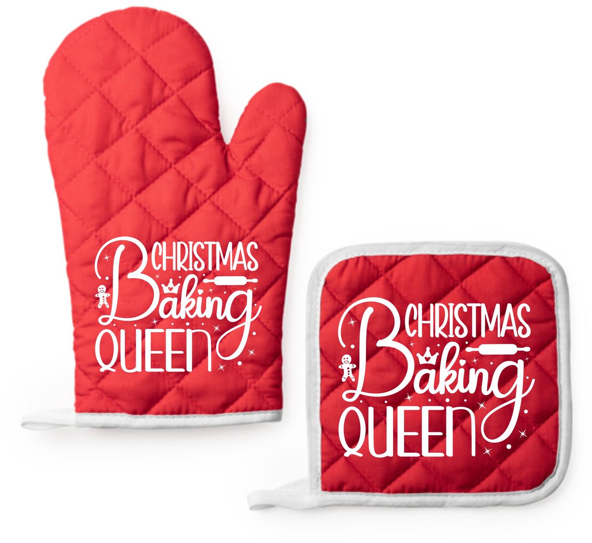 EIZOOK Kerst Kookset – Rode Ovenwant en Pannenlap met Speelse Tekst Print - CHRISTMAS BAKING QUEEN