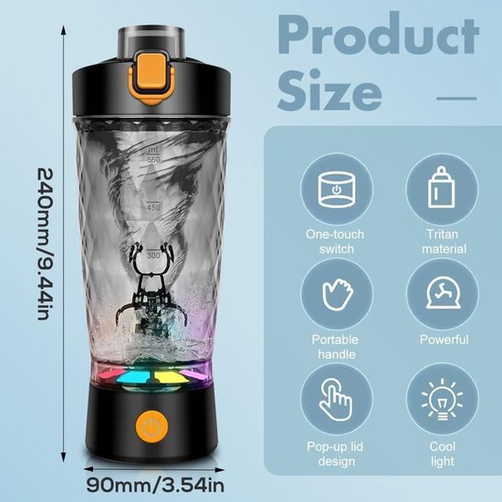 Euakee Elektrische proteïnesshaker, 650 ml proteïne-shaker, fles met