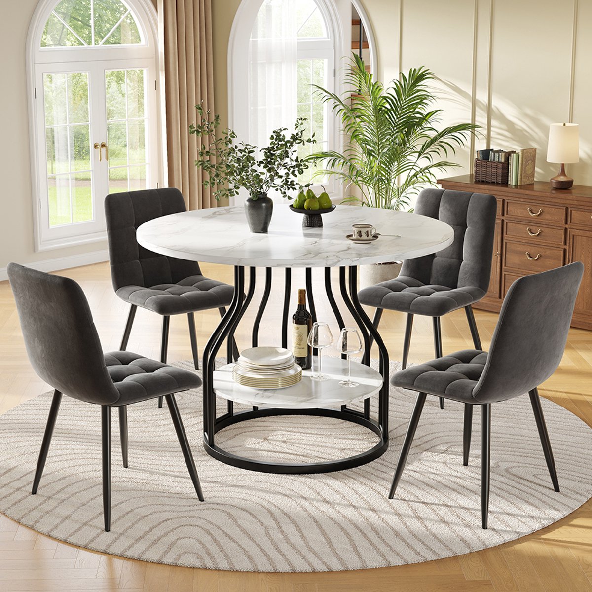 Pugsdrly Eettafelset (5-delig), eettafelset met 4 stoelen, moderne eettafelset voor de keuken, ronde keukentafel met een diameter van 80 cm, zwarte metalen poten, marmeren MDF-blad, eetkamerstoelen in grijs fluweel
