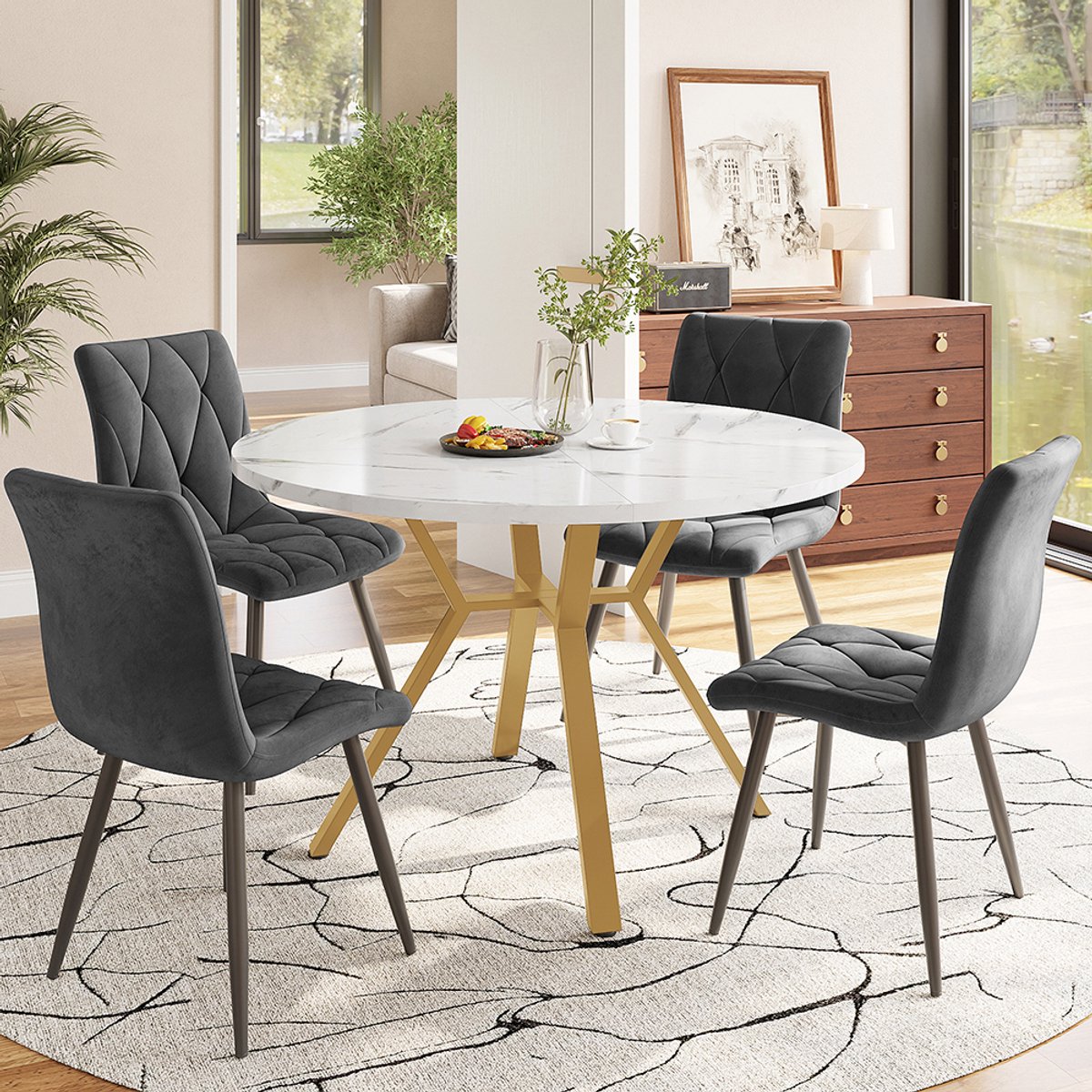 Pugsdrly Eettafel set, eettafel en stoelen set (5 stuks), moderne en eenvoudige ronde eettafel en stoelen set van marmer, tafelpoten van goudkleurig metaal + 4 ergonomische fluwelen stoelen, grijze eetkamerstoel