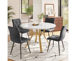 Pugsdrly Eettafel set, eettafel en stoelen set (5 stuks), moderne en eenvoudige ronde eettafel en stoelen set van marmer, tafelpoten van goudkleurig metaal + 4 ergonomische fluwelen stoelen, grijze eetkamerstoel