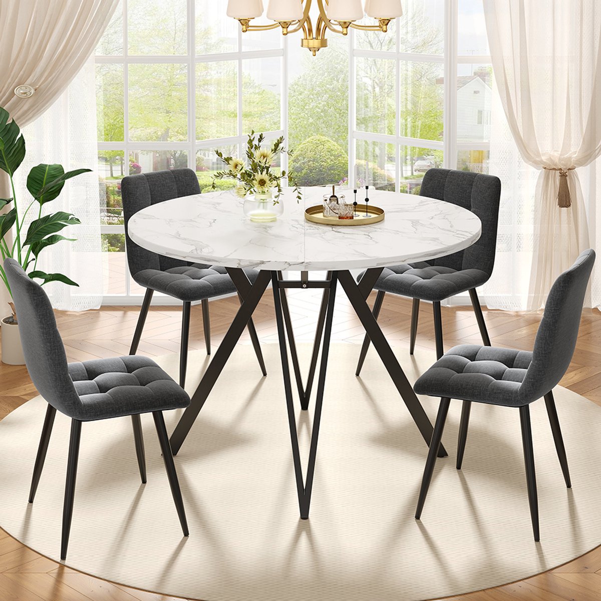 Pugsdrly Eettafel set (5 stuks), eettafel set met 4 stoelen, moderne eettafel set voor de keuken, ronde keukentafel met een diameter van 100 cm, zwarte metalen poten, marmeren MDF tafelblad, eetkamerstoelen van grijs