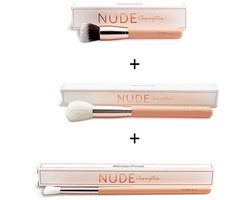 Nude Cosmetics Combi Set Kwasten. Make-Up Kwastenset. Trio Penseelset. Make-Up Brush Set. Combi Set Make-Up Kwasten. Blending Brush Set. Contour- en Blushkwasten. Vegan Make-Up Brushes. Gezichtskwasten Set. Make-Up Tools Set.