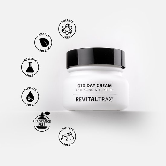 Potje dagcrème met icoontjes: paraben-, sulfaat-, siliconen-, alcohol-, parfumvrij en dierproefvrij.