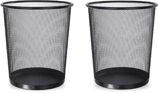 BRASQ 2x Papierbak Rond - Zwart - 12 Liter - Prullenbak - Vuilnisvak - Afvalbak - Papiermand - Metaal - Set van 2