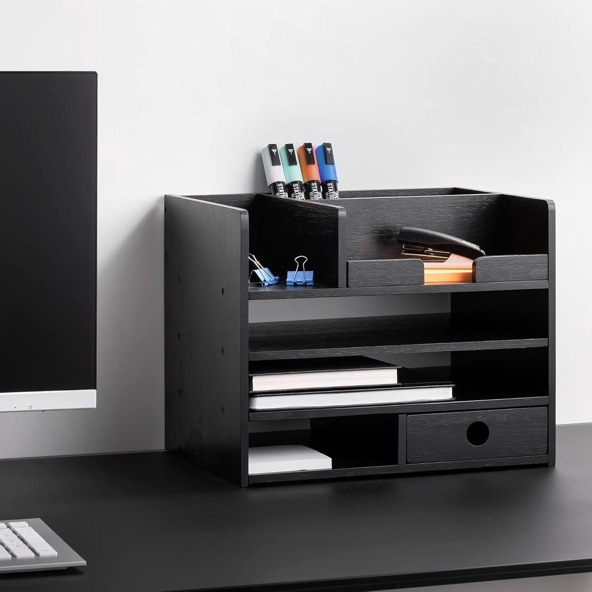 Bureau Organizer Hout met Lade - 33 x 24 x 26 cm - Ideaal voor Kantoorartikelen en Documenten - Milieuvriendelijk Bamboe — cadeau in Wonen & Interieur - foto 4