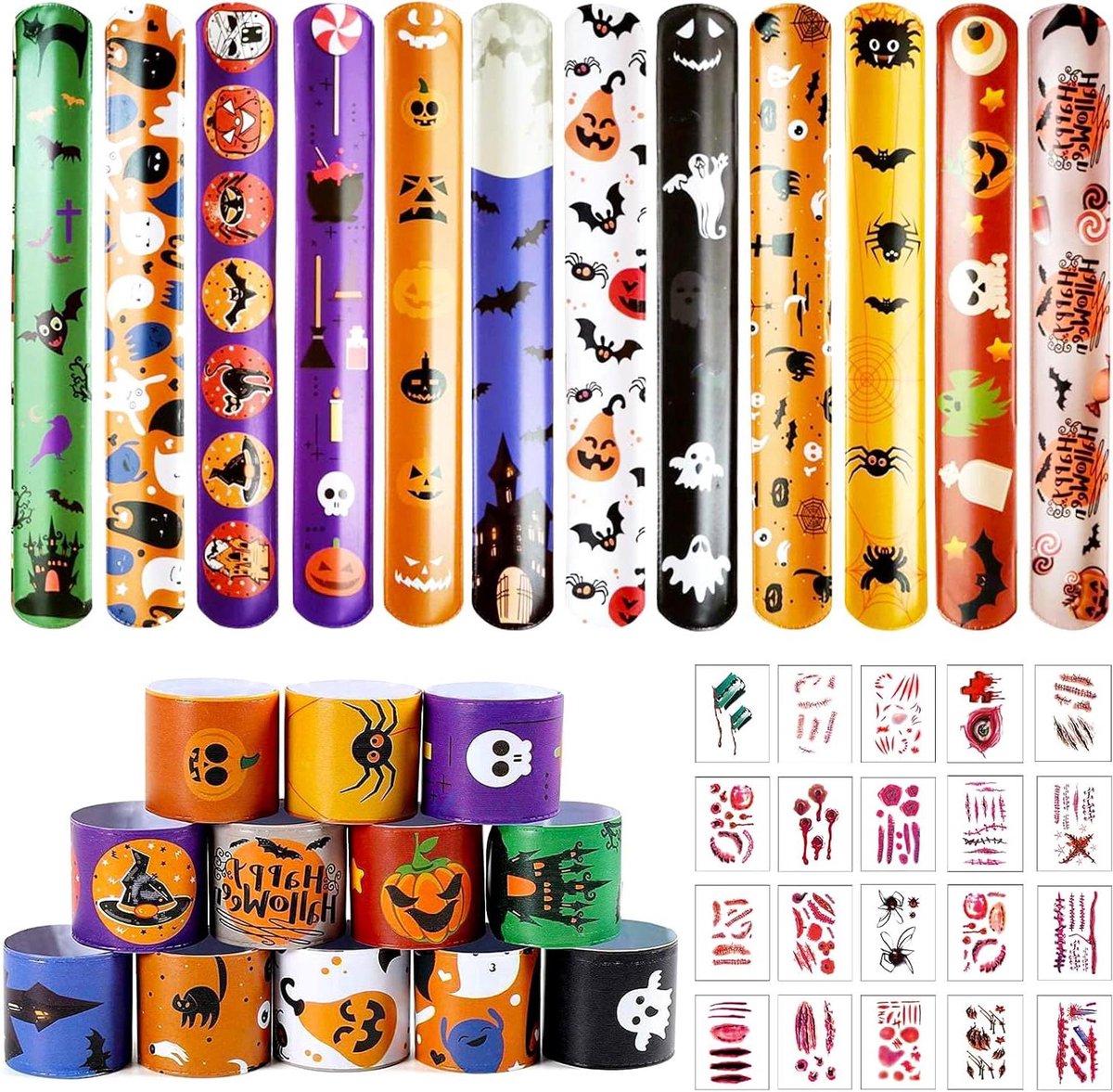 ByShane - Halloween slaparmbanden met pompoen en spookpatroon - 24 stuks - Feestaccessoires voor kinderen - Waterdichte terror-tatoeages - Verjaardagsfeestdecoratie