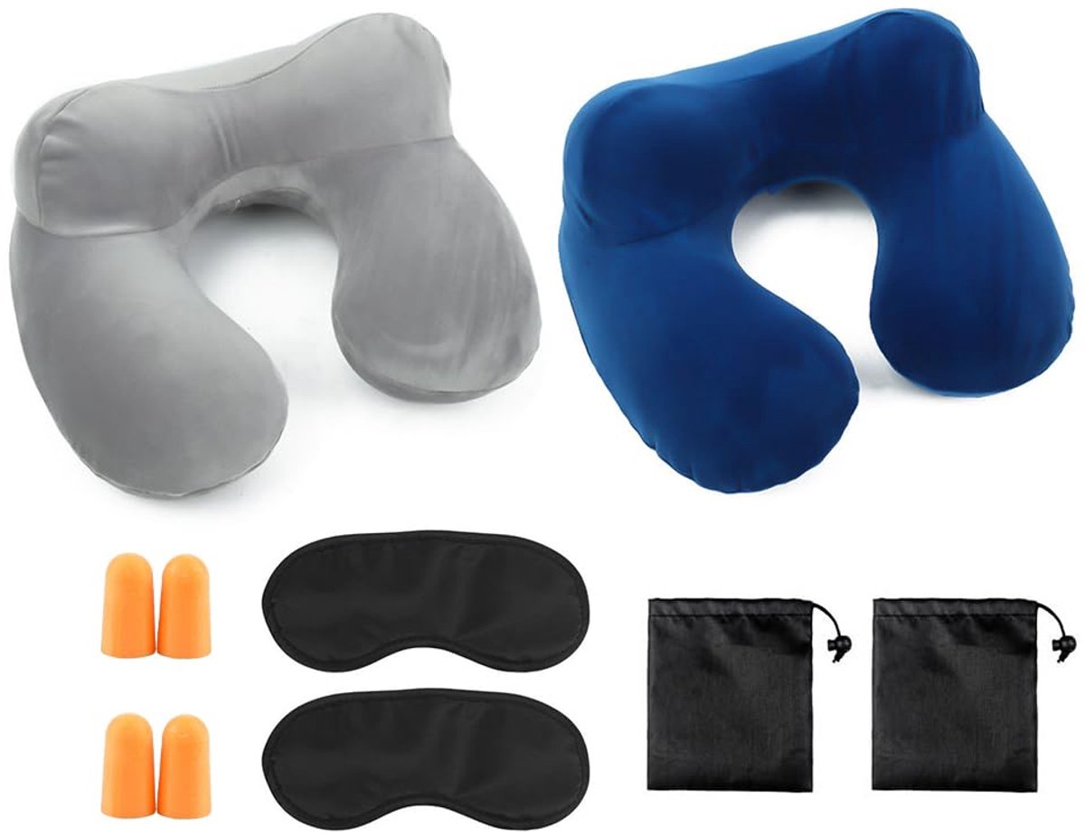 Ibenzoa® Comfortabel Opblaasbaar Reiskussen Set met Oordopjes en Slaapmasker voor Optimale Ondersteuning
