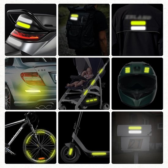 Voorbeelden van reflecterende stickers op diverse objecten: auto, fiets, helm, rugzak en kleding.
