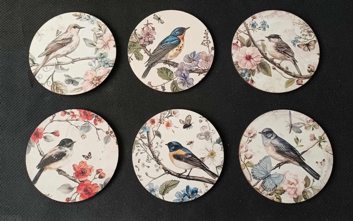 Onderzetters Vogel & Bloesem – Set van 6 – Ø10 cm – Hout (Triplex) – Rond – Decoratief