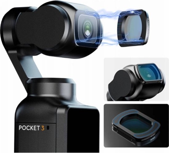 Zwarte mistfilter met blauw effect die magnetisch wordt bevestigd aan de DJI Osmo Pocket 3 camera.