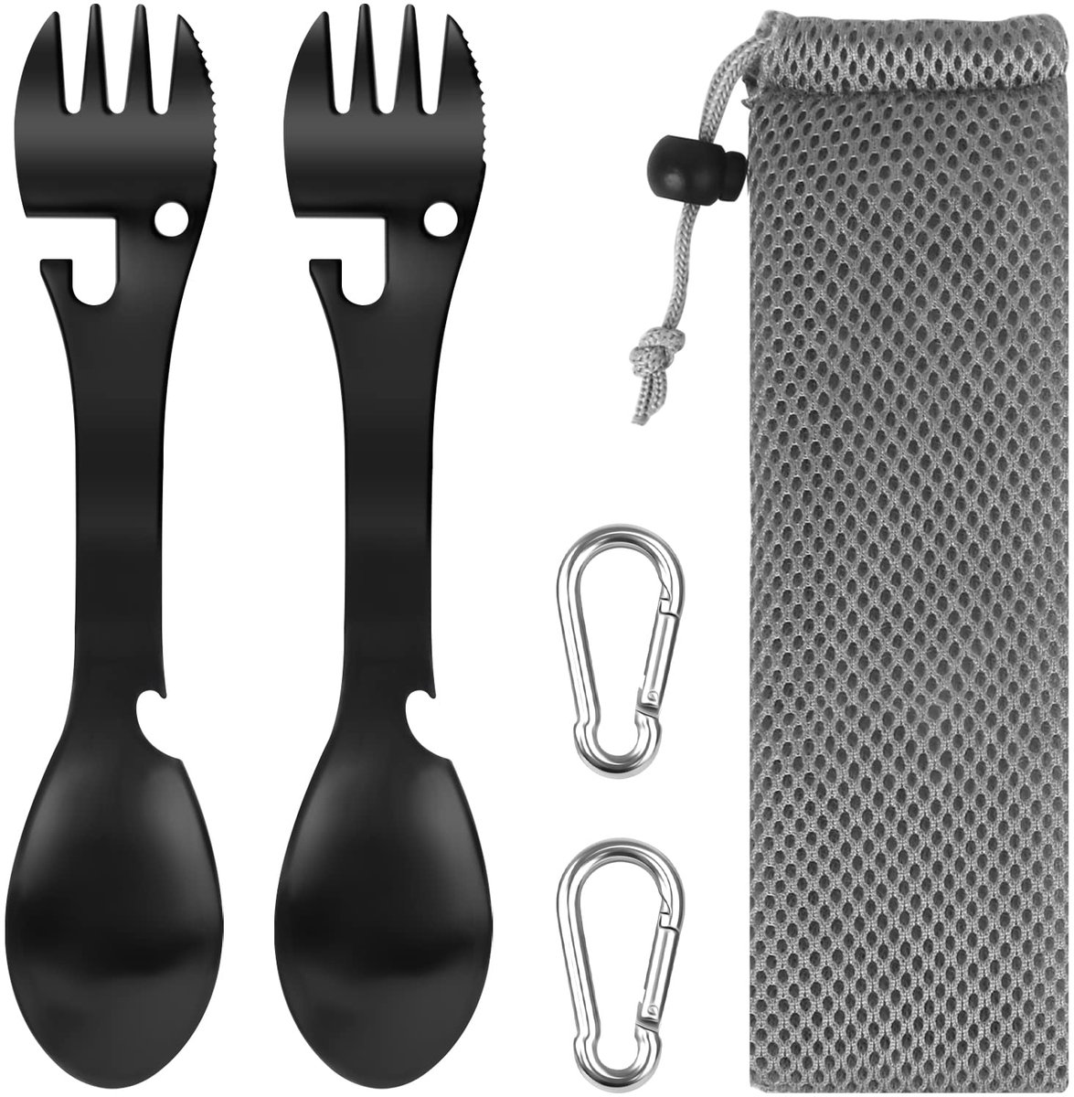 Ibenzoa® Multifunctionele Roestvrijstalen Outdoor Bestekset met Karabijnhaken voor Kamperen en Reizen